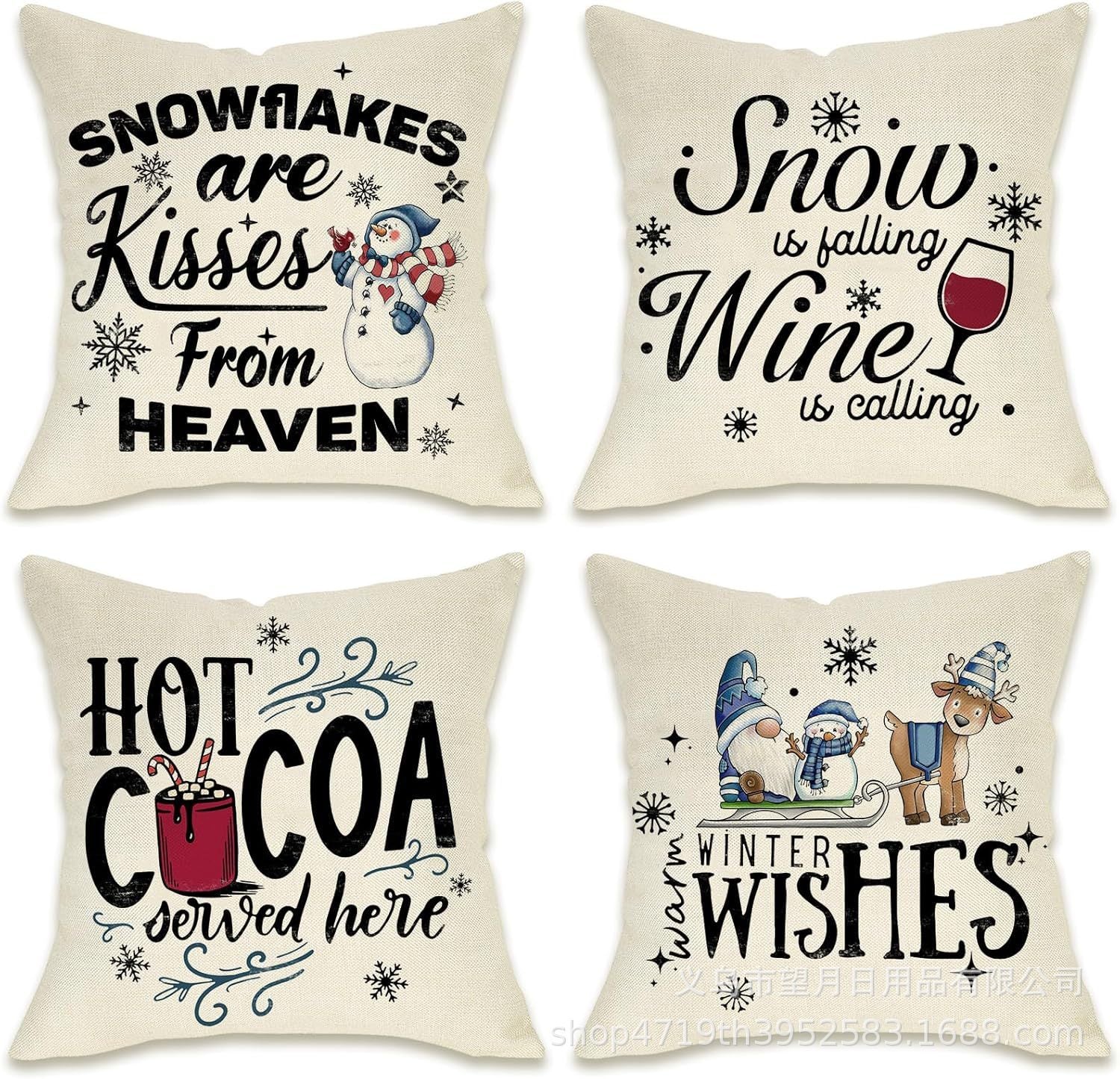 HKM-406483 Winter Holiday Eucalyptus Throw Pillow Covers Set of 4, 18x18 Inch Soft Polyester Cushion Cases for Home Decor