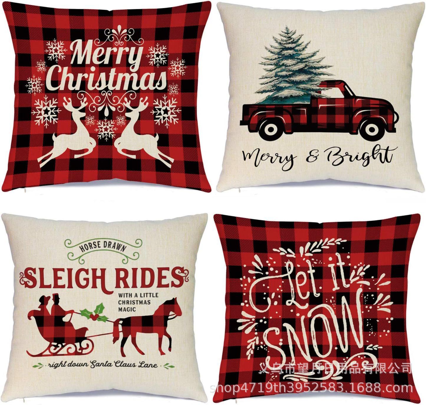 HKM-406483 Winter Holiday Eucalyptus Throw Pillow Covers Set of 4, 18x18 Inch Soft Polyester Cushion Cases for Home Decor