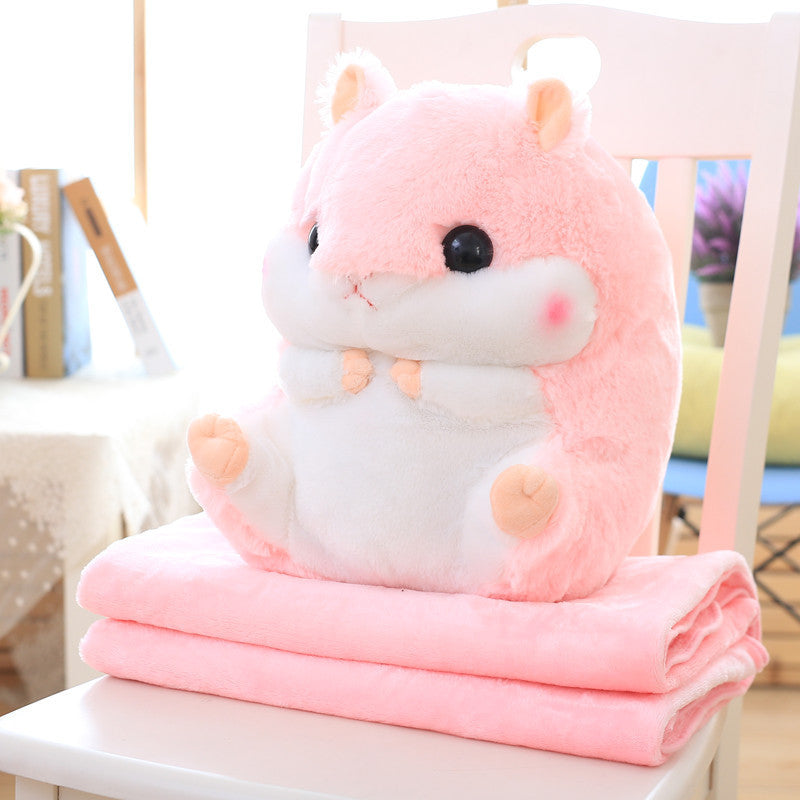 HKM-406803 Hamster Plush Pillow Blanket - Dual-Use Car Cushion and Cozy Coral Fleece Blanket
