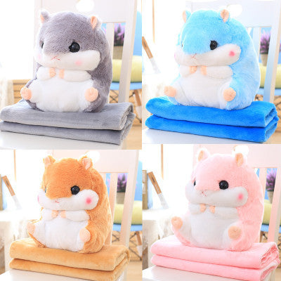 HKM-406803 Hamster Plush Pillow Blanket - Dual-Use Car Cushion and Cozy Coral Fleece Blanket