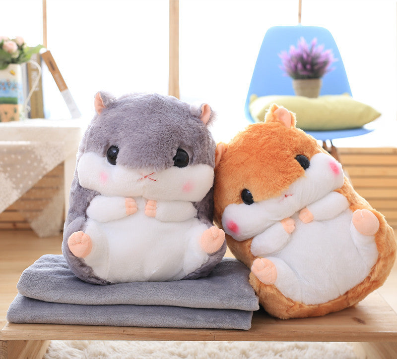 HKM-406803 Hamster Plush Pillow Blanket - Dual-Use Car Cushion and Cozy Coral Fleece Blanket
