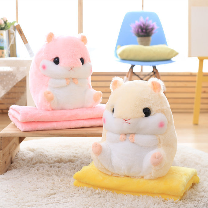 HKM-406803 Hamster Plush Pillow Blanket - Dual-Use Car Cushion and Cozy Coral Fleece Blanket