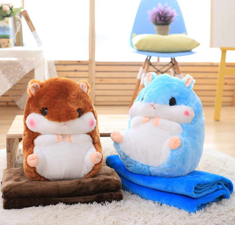 HKM-406803 Hamster Plush Pillow Blanket - Dual-Use Car Cushion and Cozy Coral Fleece Blanket