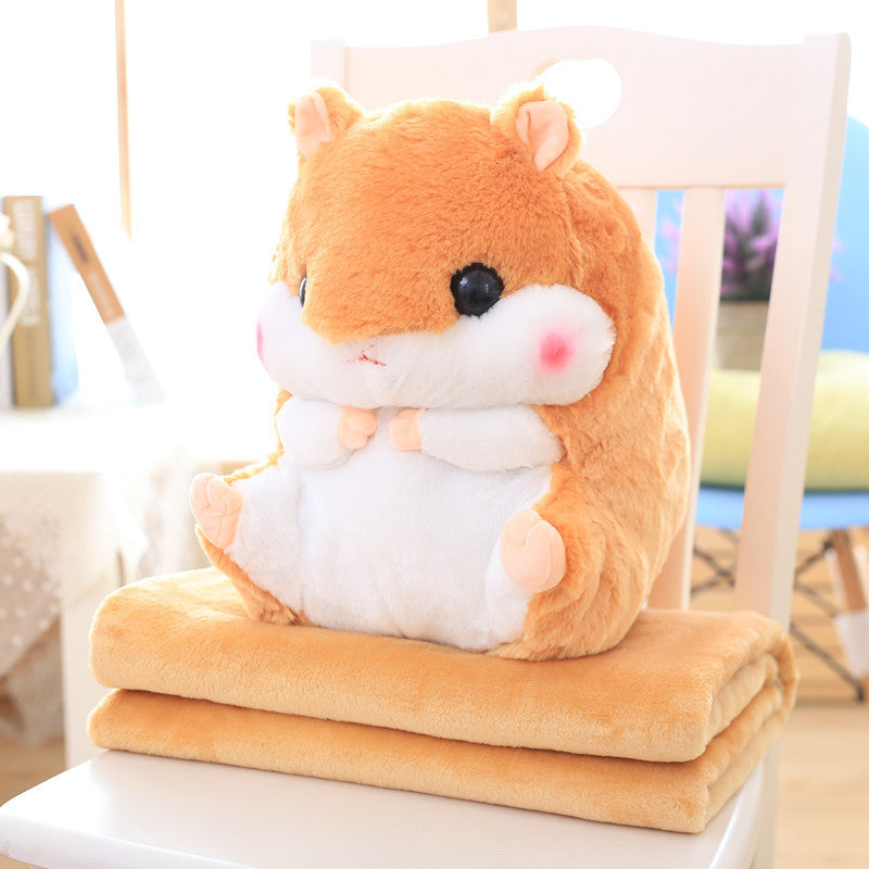 HKM-406803 Hamster Plush Pillow Blanket - Dual-Use Car Cushion and Cozy Coral Fleece Blanket