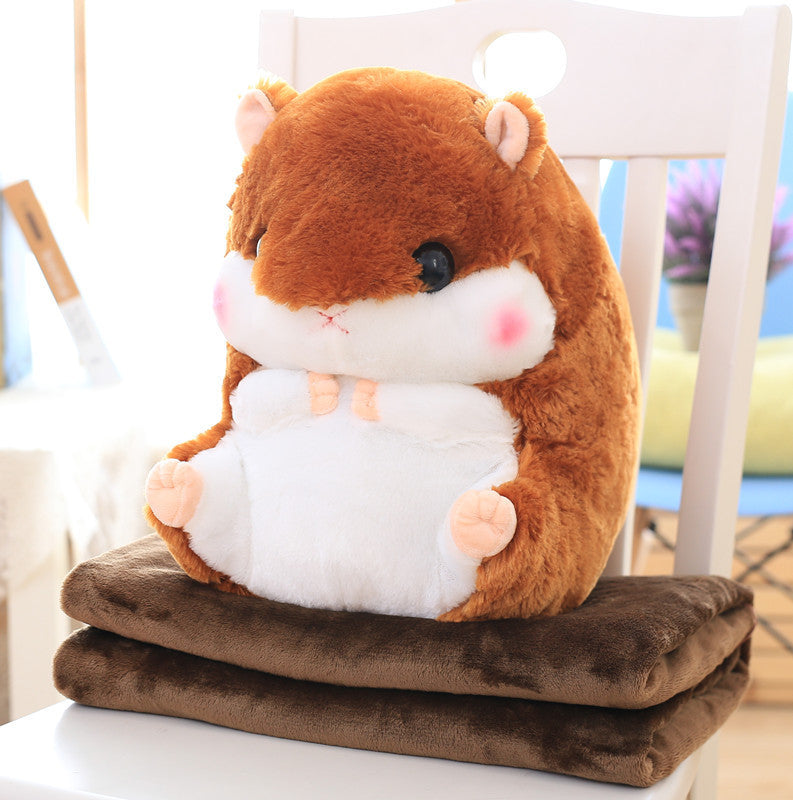 HKM-406803 Hamster Plush Pillow Blanket - Dual-Use Car Cushion and Cozy Coral Fleece Blanket