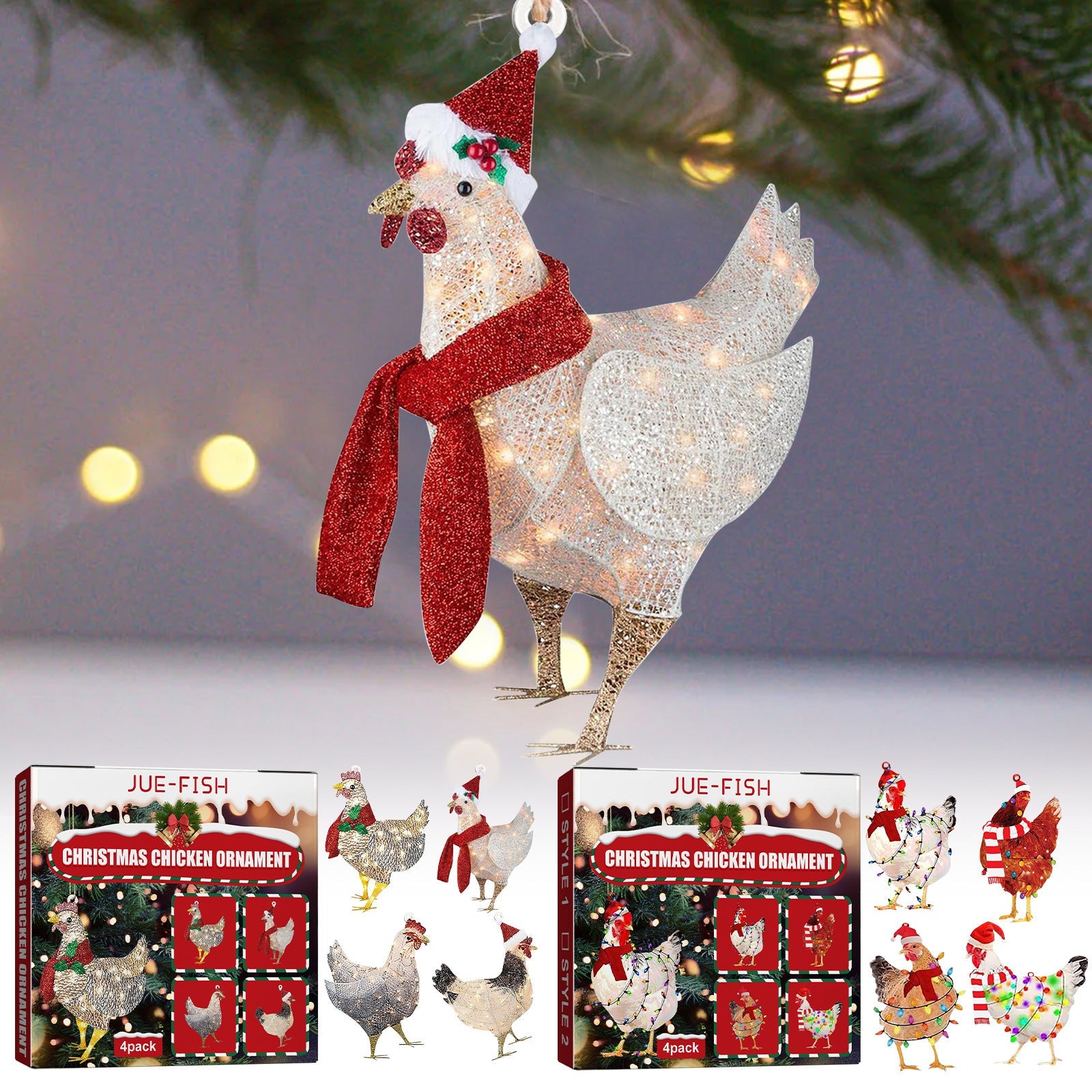 HKM-406803 Wooden Scarf Chicken Decorative Ornaments with Rope - 4 Pack для Home Holiday and Christmas Tree