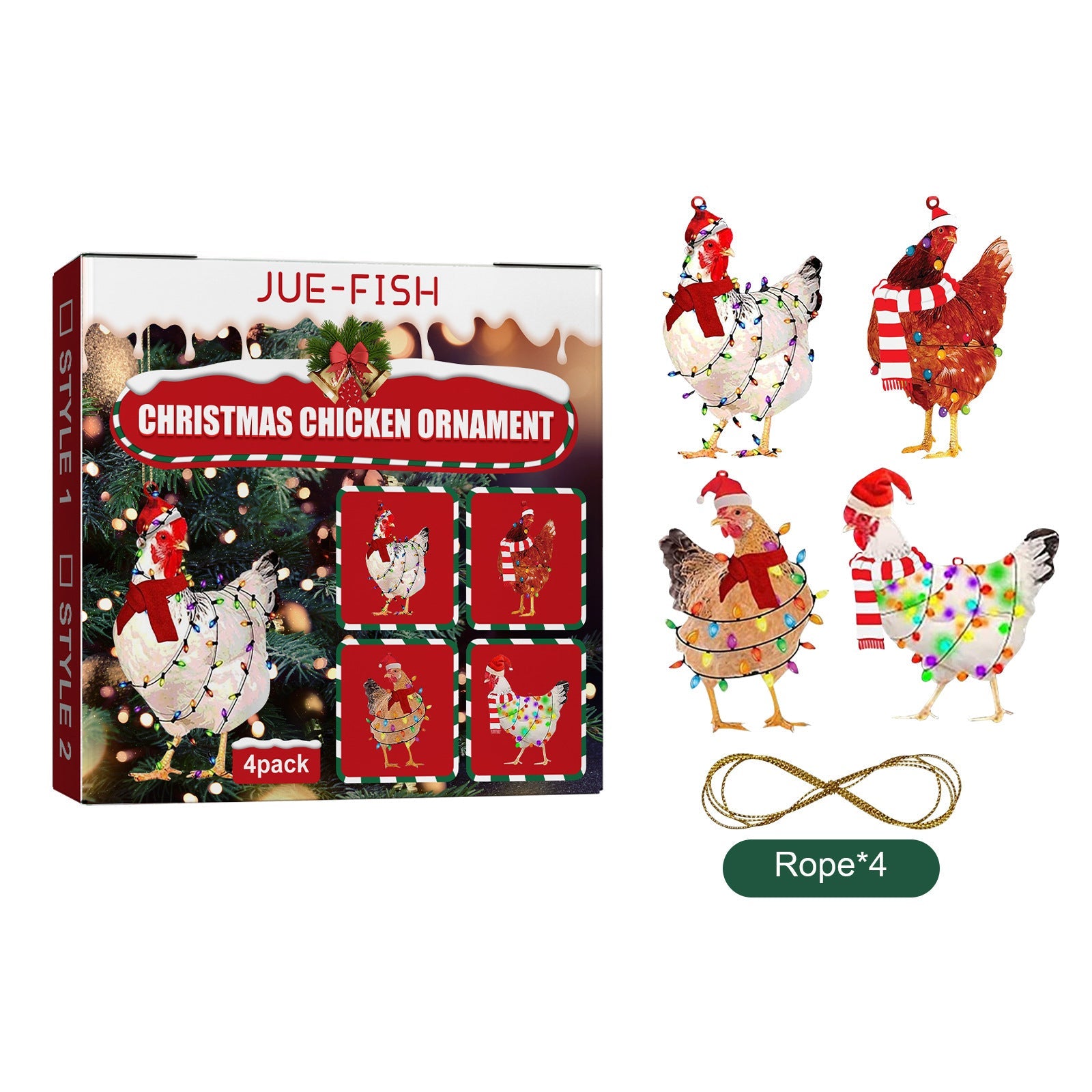 HKM-406803 Wooden Scarf Chicken Decorative Ornaments with Rope - 4 Pack для Home Holiday and Christmas Tree