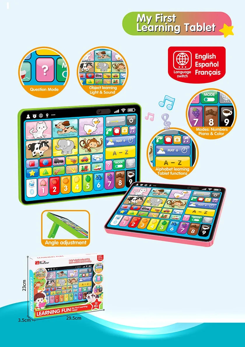 Educational Learning Tablet for Kids - Supports English, Spanish, and French - Cartoon Design, No Battery Required