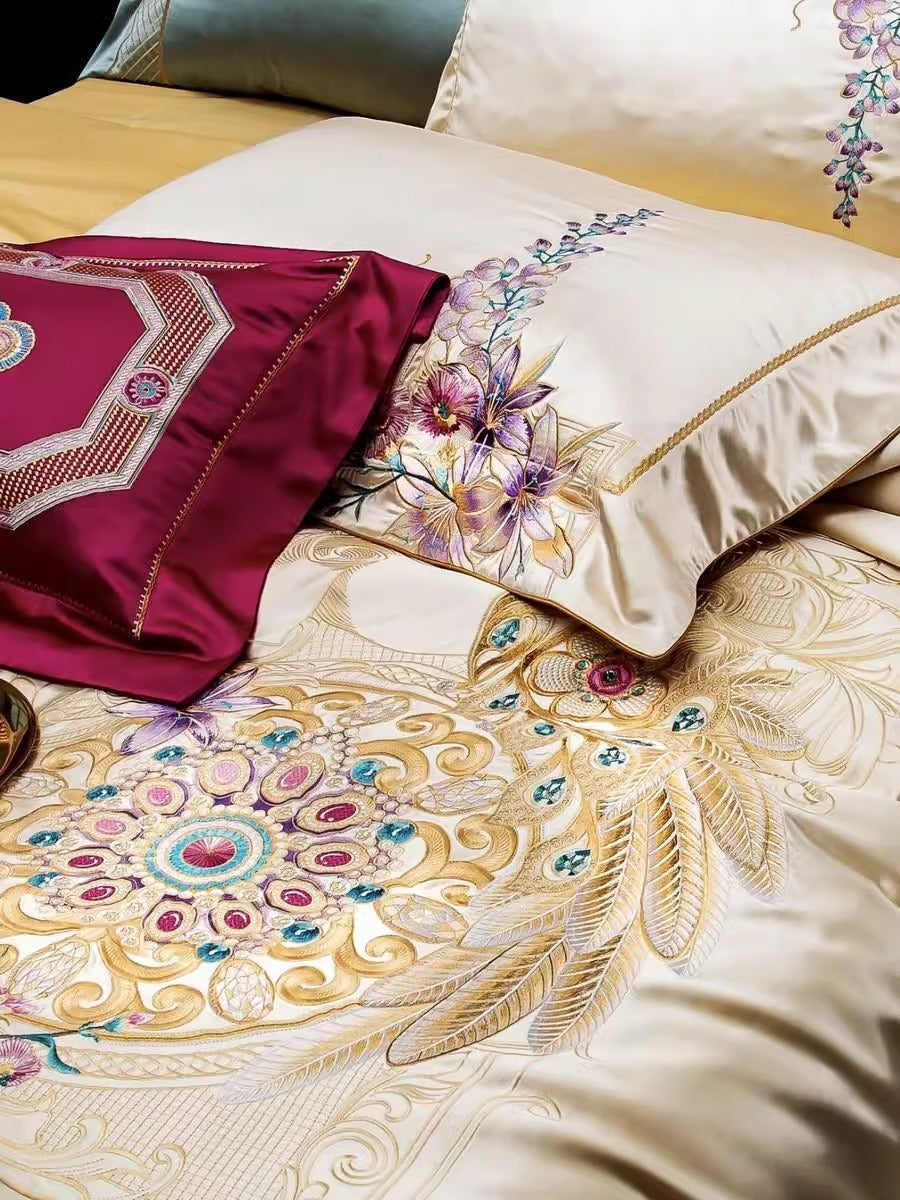 HKM-408147 Silk Cotton Embroidered Four-Piece Bedding Set for Standard and Plus Size Beds