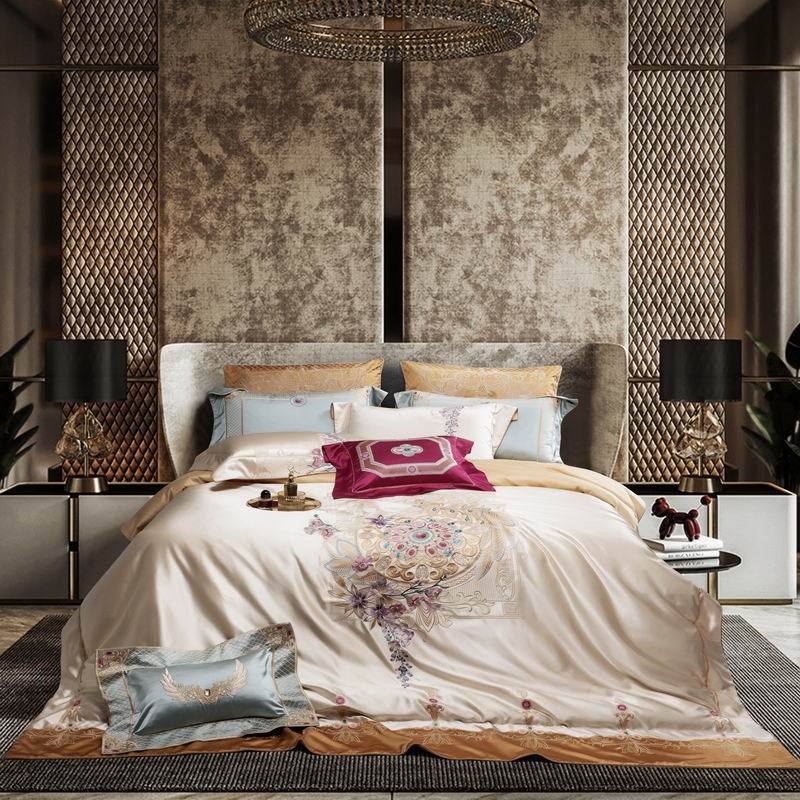 HKM-408147 Silk Cotton Embroidered Four-Piece Bedding Set for Standard and Plus Size Beds