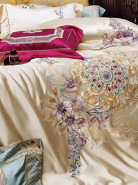 HKM-408147 Silk Cotton Embroidered Four-Piece Bedding Set for Standard and Plus Size Beds