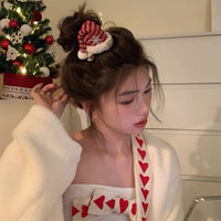 HKM-408787 Red Plush Christmas Hat Headband with Bowknot and Star Hair Clips for Women
