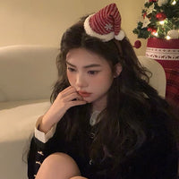 HKM-408787 Red Plush Christmas Hat Headband with Bowknot and Star Hair Clips for Women