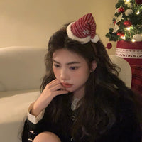 HKM-408787 Red Plush Christmas Hat Headband with Bowknot and Star Hair Clips for Women