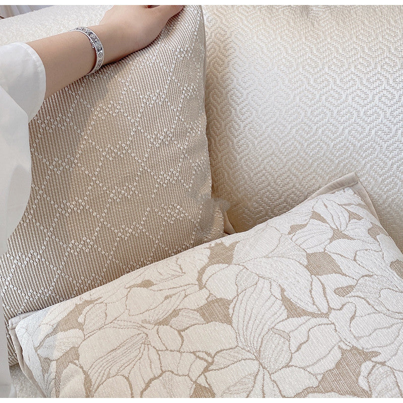 HKM-409043 French Magnolia Cushion Cover - Elegant 45x45cm Pillow Case in Champagne Embossed, Log Wind Rhombus, Cloud Texture, and White Fox Hair Designs