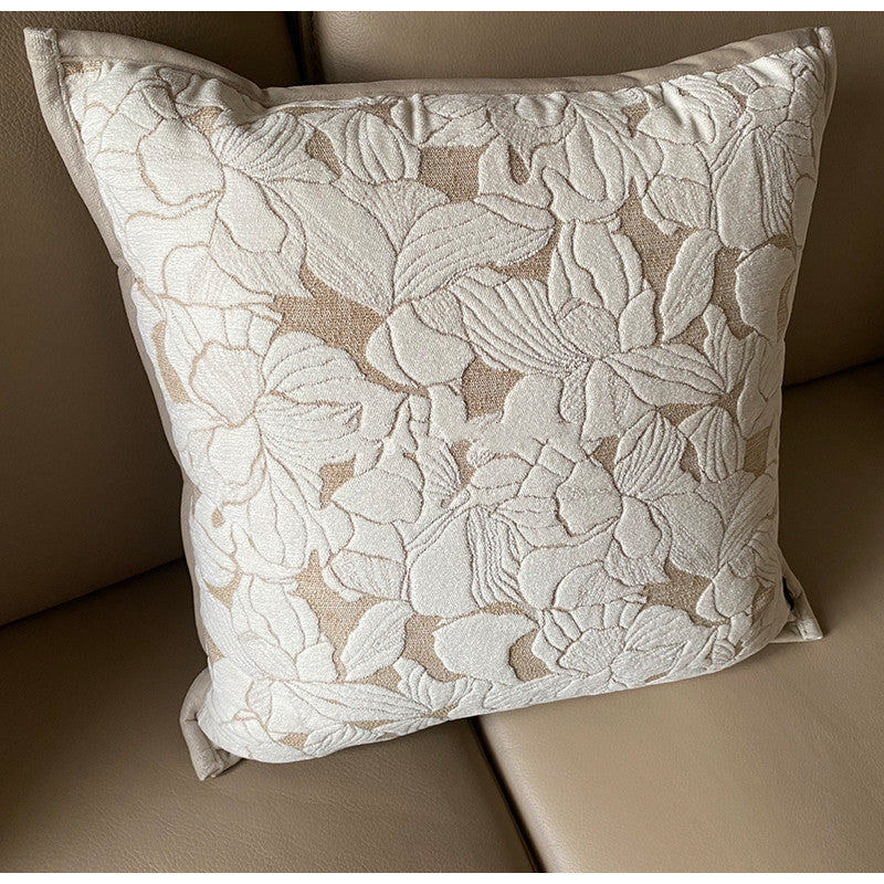 HKM-409043 French Magnolia Cushion Cover - Elegant 45x45cm Pillow Case in Champagne Embossed, Log Wind Rhombus, Cloud Texture, and White Fox Hair Designs