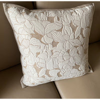 HKM-409043 French Magnolia Cushion Cover - Elegant 45x45cm Pillow Case in Champagne Embossed, Log Wind Rhombus, Cloud Texture, and White Fox Hair Designs