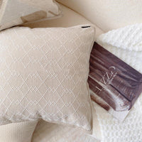 HKM-409043 French Magnolia Cushion Cover - Elegant 45x45cm Pillow Case in Champagne Embossed, Log Wind Rhombus, Cloud Texture, and White Fox Hair Designs
