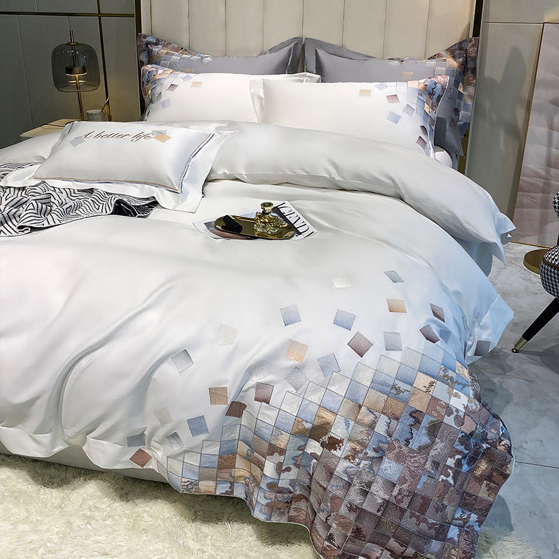 HKM-409299 Luxury Cotton Four-Piece Bedding Set with Geometric Pattern for 1.5-2m Beds
