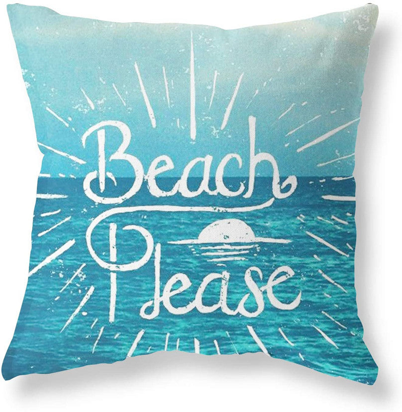 HKM-409363 Ocean Landscape Linen Pillowcase - 45x45cm Blue Cushion Cover for Bedroom Decor
