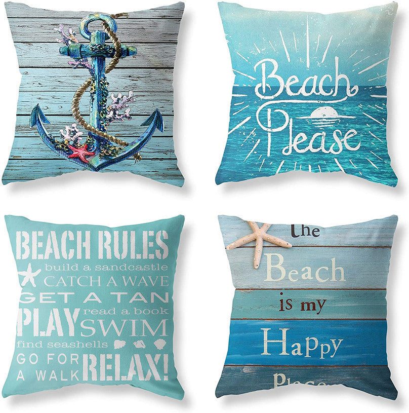 HKM-409363 Ocean Landscape Linen Pillowcase - 45x45cm Blue Cushion Cover for Bedroom Decor
