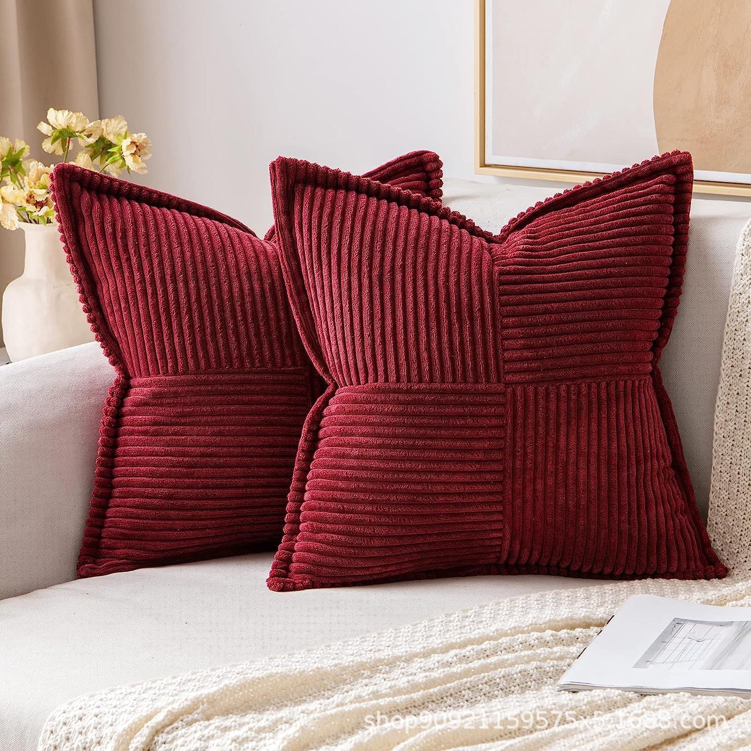 HKM-410259 Super Soft Corduroy Striped Pillow Covers - Decorative Textured Throw Pillows for Couch and Living Room