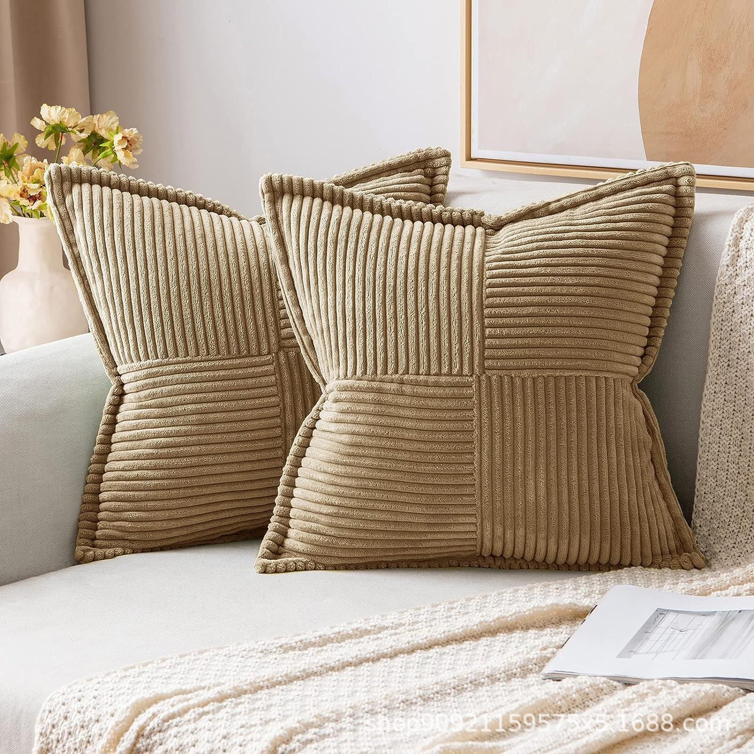 HKM-410259 Super Soft Corduroy Striped Pillow Covers - Decorative Textured Throw Pillows for Couch and Living Room