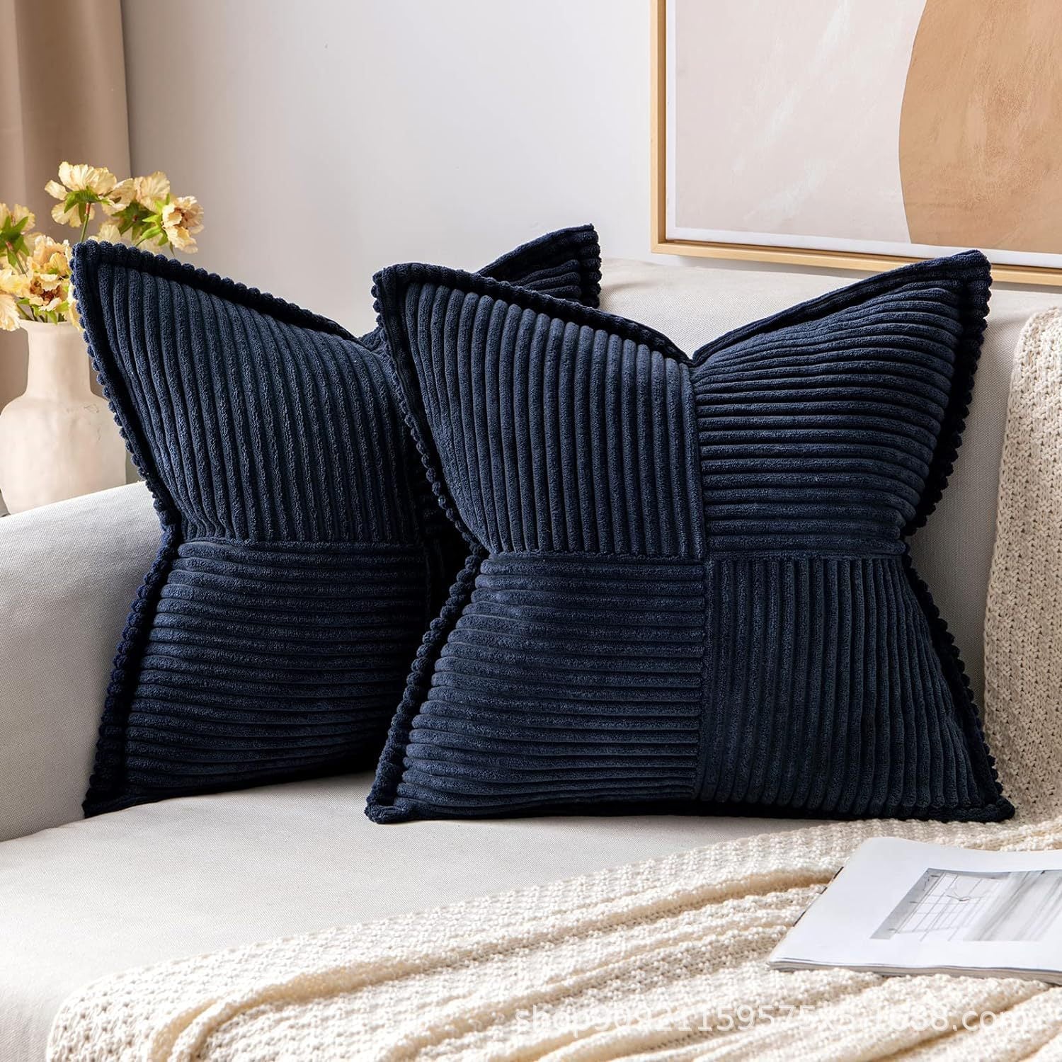 HKM-410259 Super Soft Corduroy Striped Pillow Covers - Decorative Textured Throw Pillows for Couch and Living Room