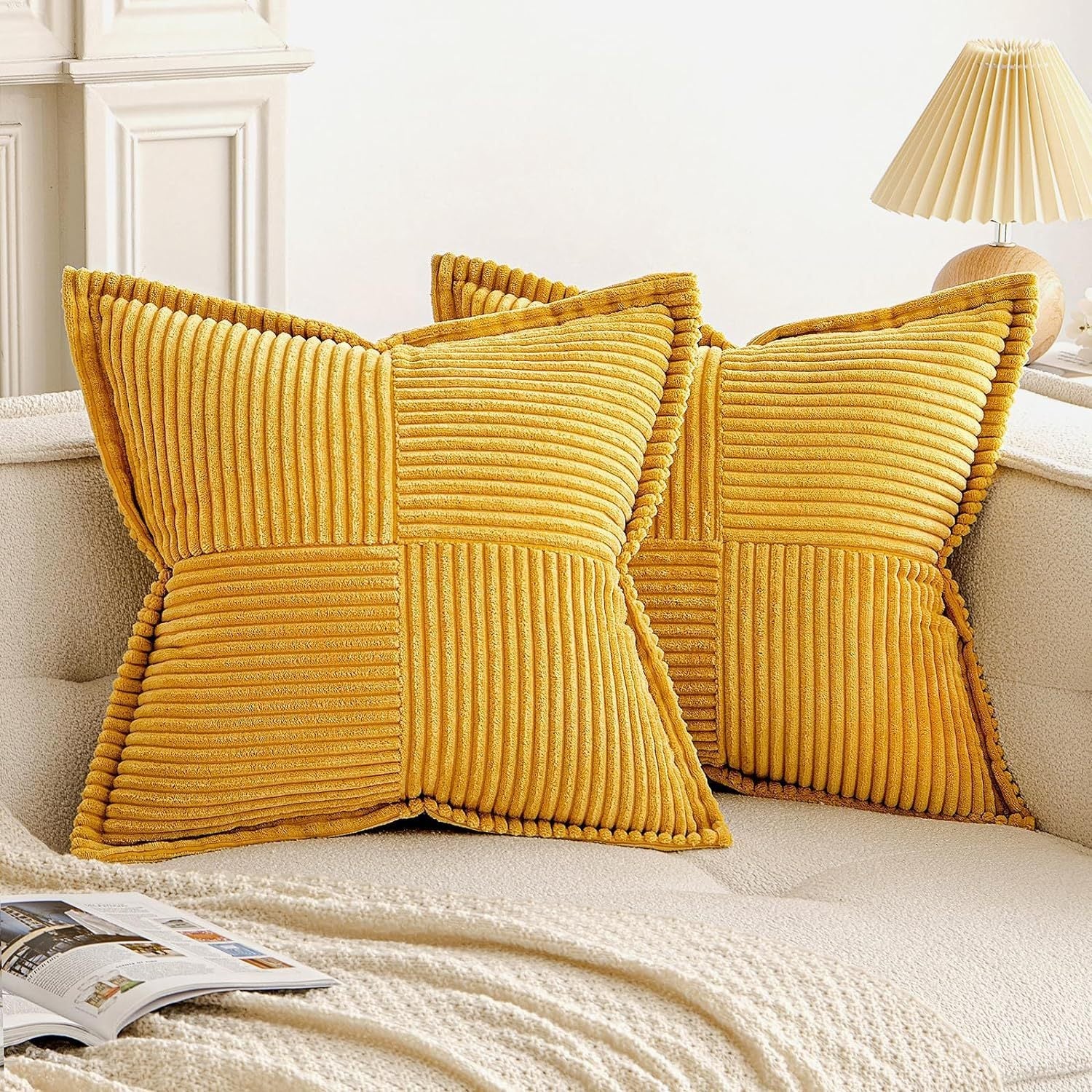 HKM-410259 Super Soft Corduroy Striped Pillow Covers - Decorative Textured Throw Pillows for Couch and Living Room