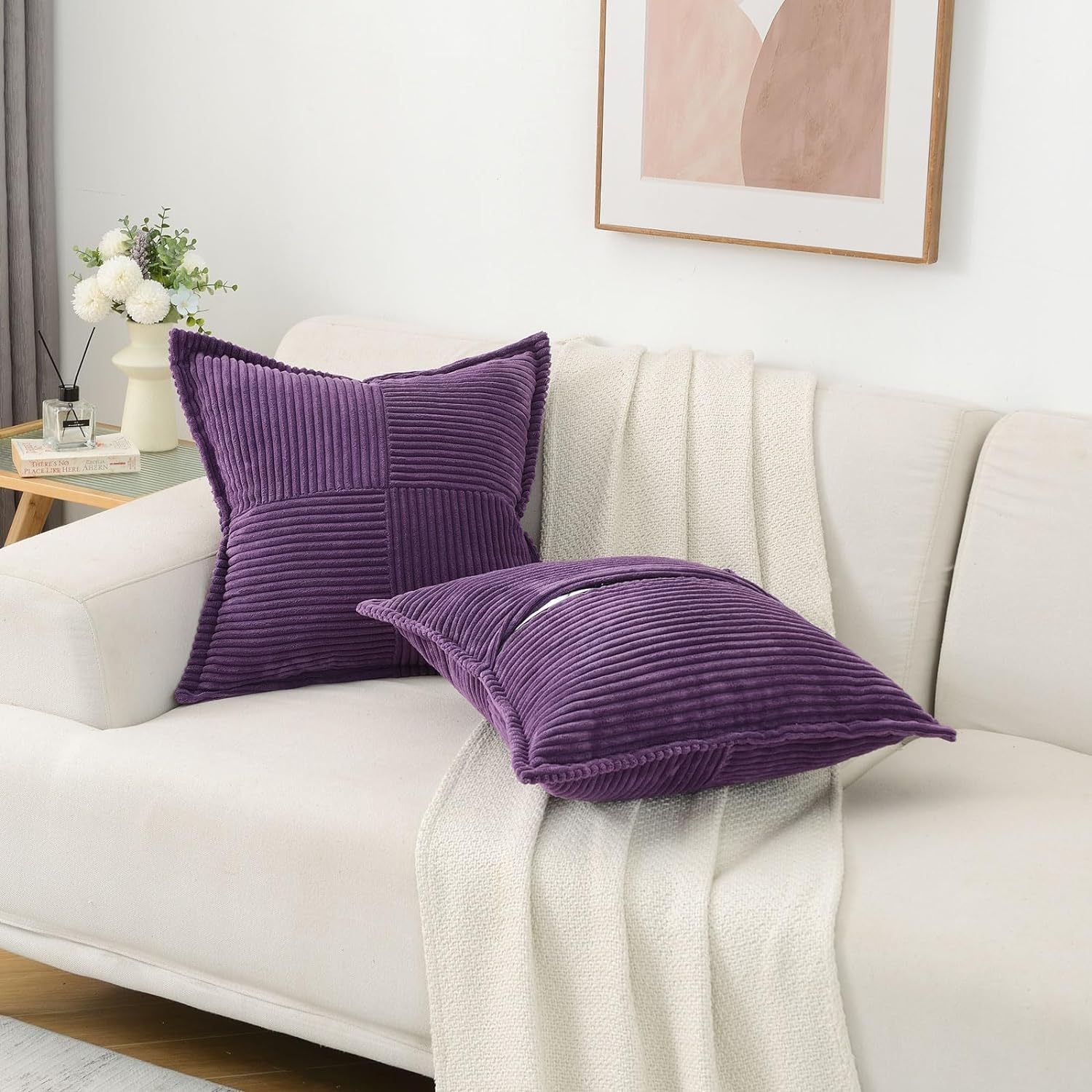 HKM-410259 Super Soft Corduroy Striped Pillow Covers - Decorative Textured Throw Pillows for Couch and Living Room