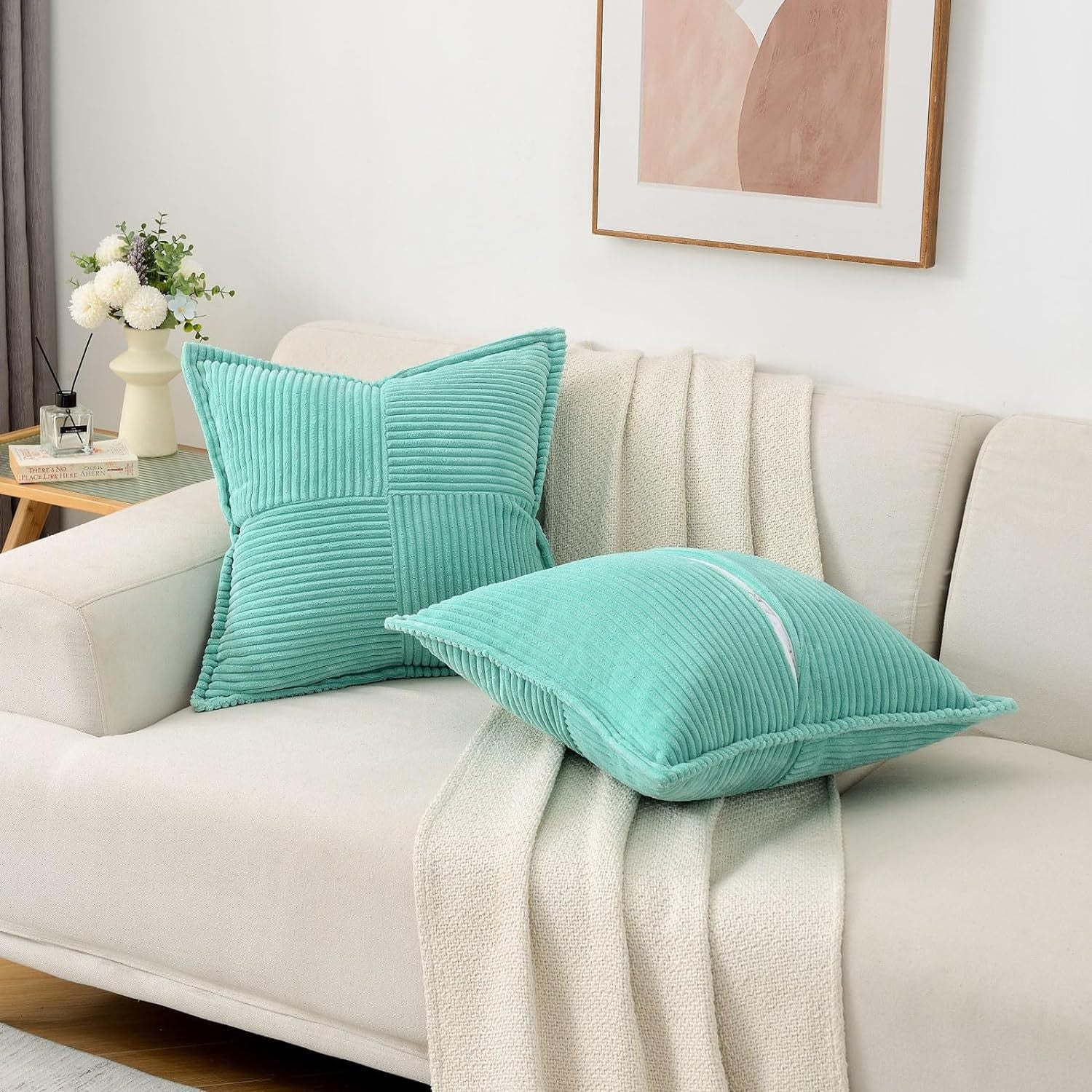 HKM-410259 Super Soft Corduroy Striped Pillow Covers - Decorative Textured Throw Pillows for Couch and Living Room