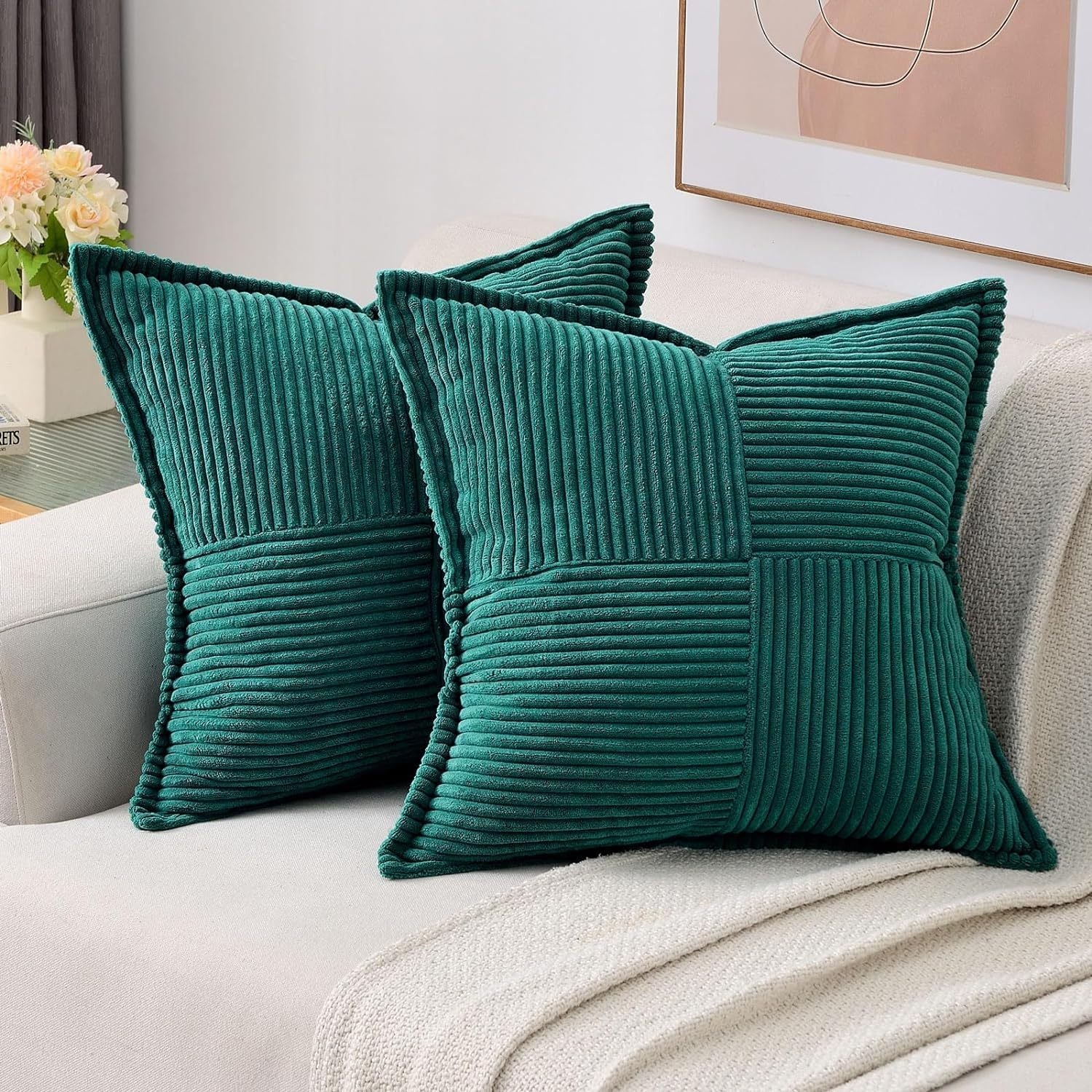 HKM-410259 Super Soft Corduroy Striped Pillow Covers - Decorative Textured Throw Pillows for Couch and Living Room