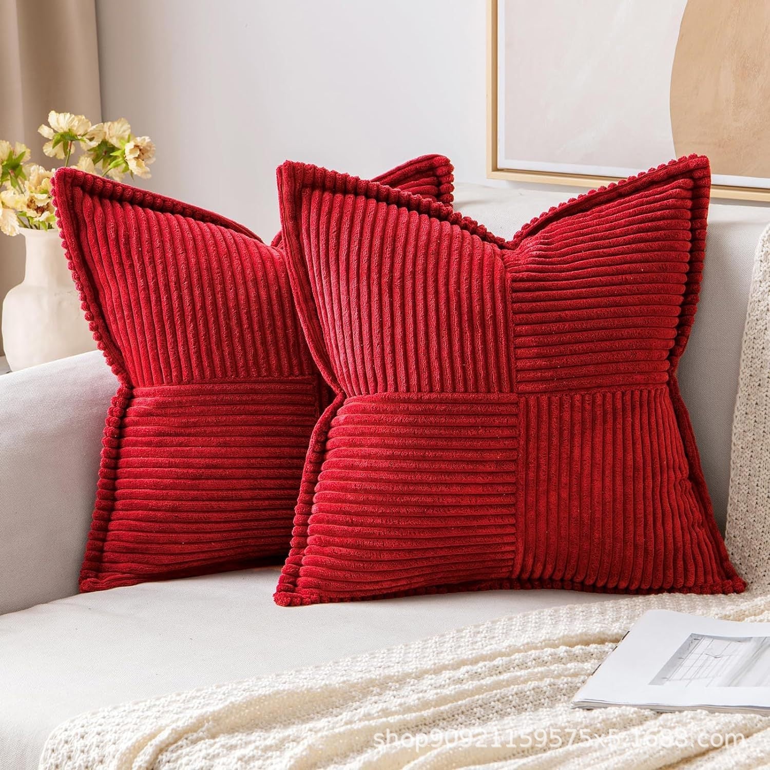 HKM-410259 Super Soft Corduroy Striped Pillow Covers - Decorative Textured Throw Pillows for Couch and Living Room
