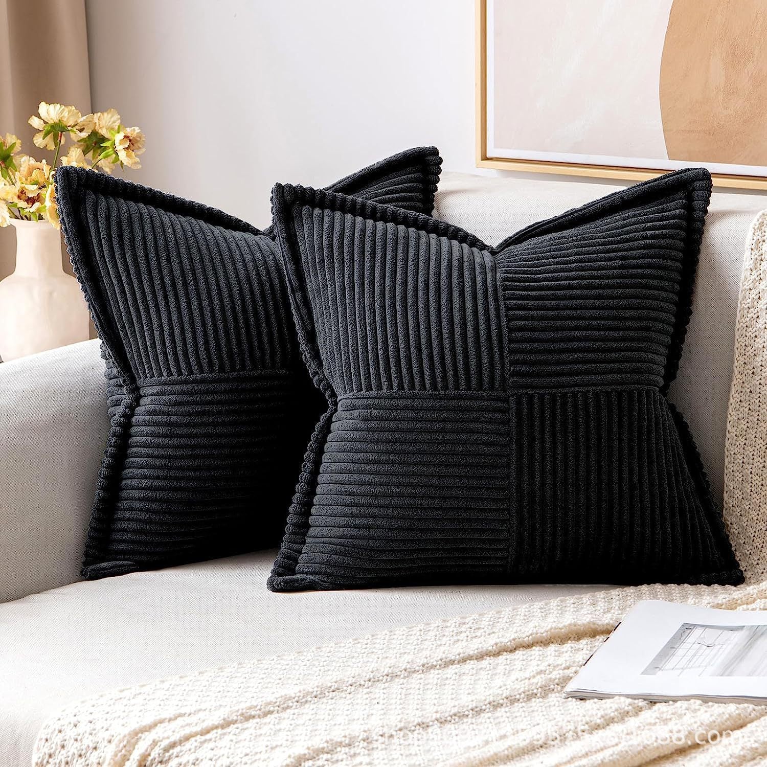 HKM-410259 Super Soft Corduroy Striped Pillow Covers - Decorative Textured Throw Pillows for Couch and Living Room