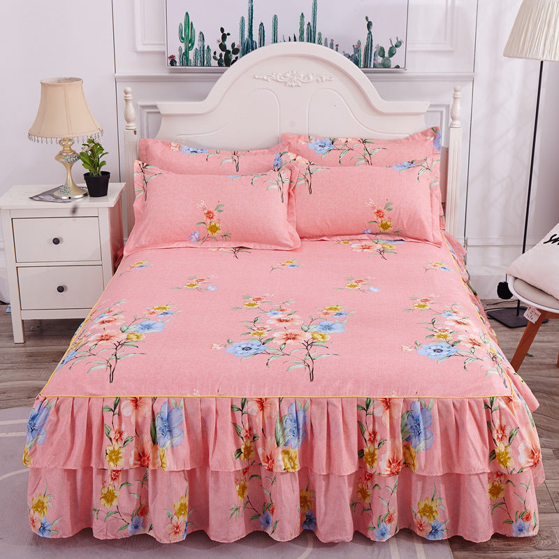 HKM-410451 Floral Patterned Korean Bed Skirt Set with Pillowcases in Purple, 120x200cm to 200x220cm Sizes