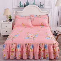 HKM-410451 Floral Patterned Korean Bed Skirt Set with Pillowcases in Purple, 120x200cm to 200x220cm Sizes