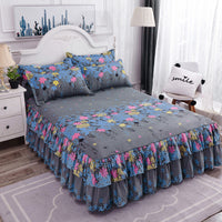 HKM-410451 Floral Patterned Korean Bed Skirt Set with Pillowcases in Purple, 120x200cm to 200x220cm Sizes