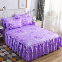 HKM-410451 Floral Patterned Korean Bed Skirt Set with Pillowcases in Purple, 120x200cm to 200x220cm Sizes