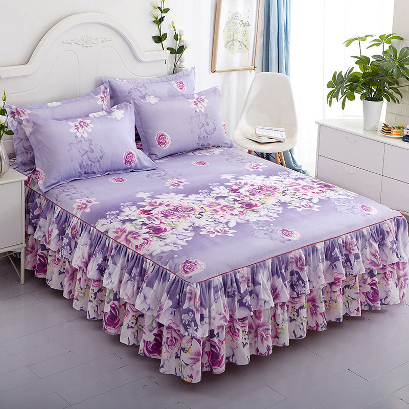 HKM-410451 Floral Patterned Korean Bed Skirt Set with Pillowcases in Purple, 120x200cm to 200x220cm Sizes
