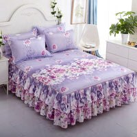 HKM-410451 Floral Patterned Korean Bed Skirt Set with Pillowcases in Purple, 120x200cm to 200x220cm Sizes