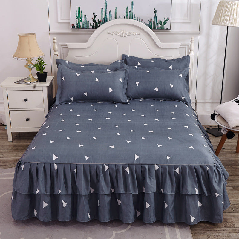 HKM-410451 Floral Patterned Korean Bed Skirt Set with Pillowcases in Purple, 120x200cm to 200x220cm Sizes