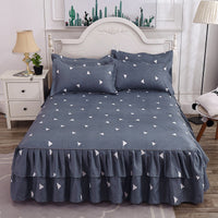 HKM-410451 Floral Patterned Korean Bed Skirt Set with Pillowcases in Purple, 120x200cm to 200x220cm Sizes