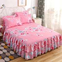 HKM-410451 Floral Patterned Korean Bed Skirt Set with Pillowcases in Purple, 120x200cm to 200x220cm Sizes