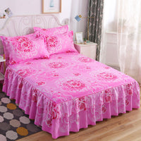 HKM-410451 Floral Patterned Korean Bed Skirt Set with Pillowcases in Purple, 120x200cm to 200x220cm Sizes