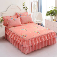 HKM-410451 Floral Patterned Korean Bed Skirt Set with Pillowcases in Purple, 120x200cm to 200x220cm Sizes