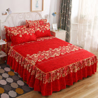 HKM-410451 Floral Patterned Korean Bed Skirt Set with Pillowcases in Purple, 120x200cm to 200x220cm Sizes