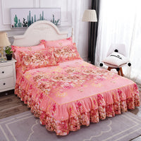 HKM-410451 Floral Patterned Korean Bed Skirt Set with Pillowcases in Purple, 120x200cm to 200x220cm Sizes