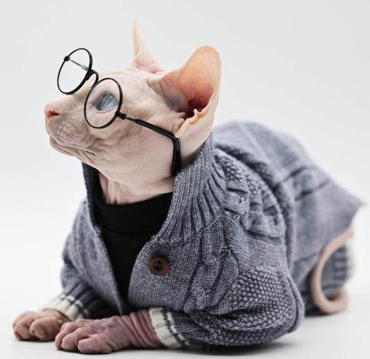 HKM-411539 Soft Cotton Knitted Cat Sweater in Gray for Hairless Cats, Size 2XL, XL, L, M, S