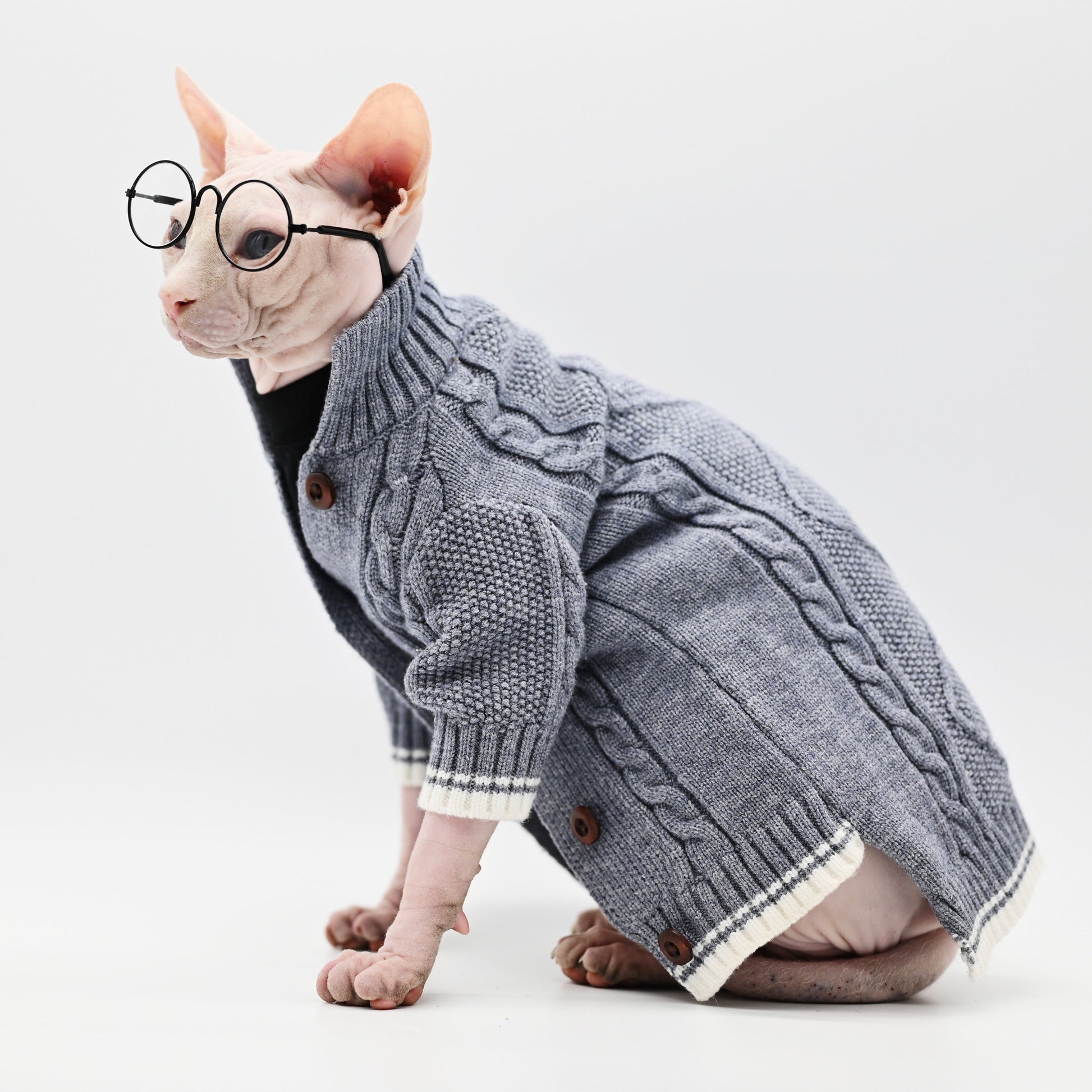 HKM-411539 Soft Cotton Knitted Cat Sweater in Gray for Hairless Cats, Size 2XL, XL, L, M, S