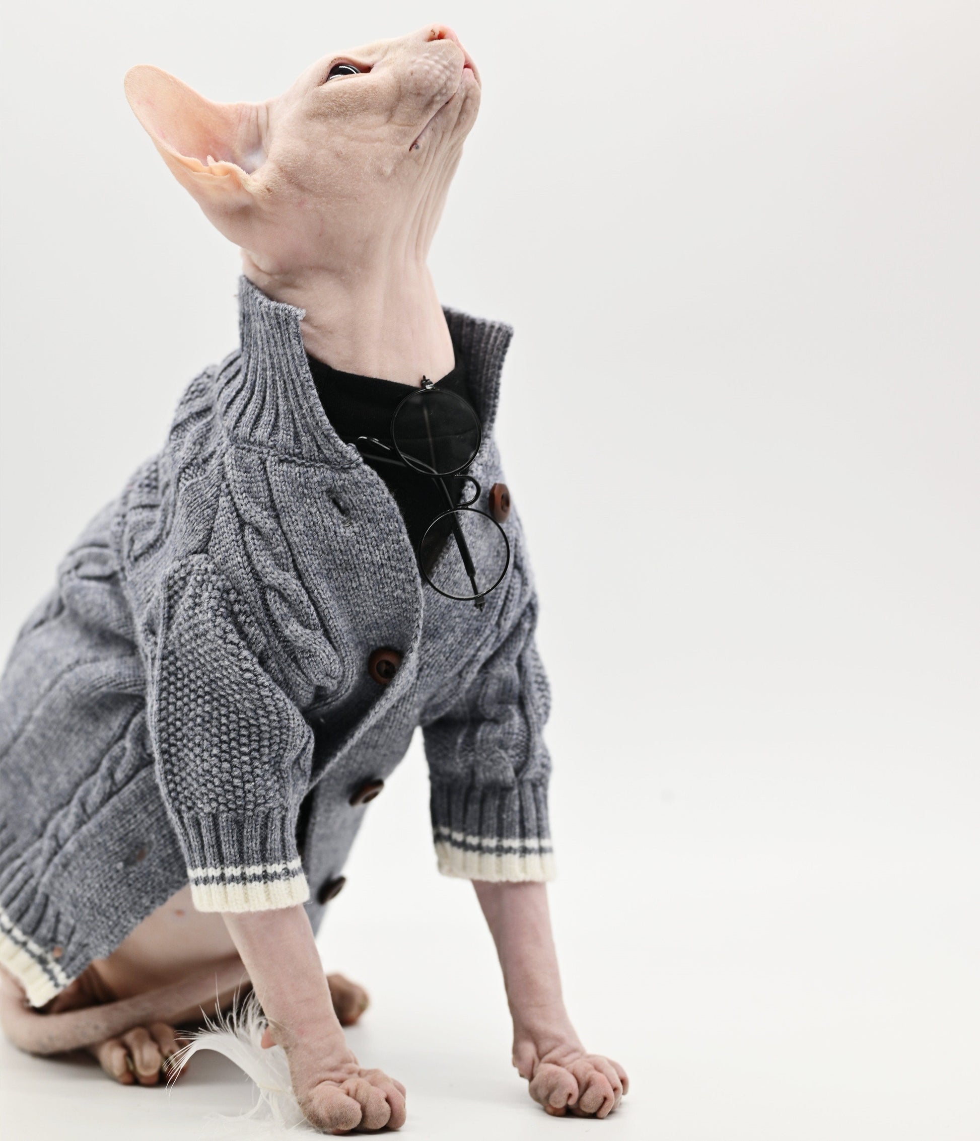 HKM-411539 Soft Cotton Knitted Cat Sweater in Gray for Hairless Cats, Size 2XL, XL, L, M, S
